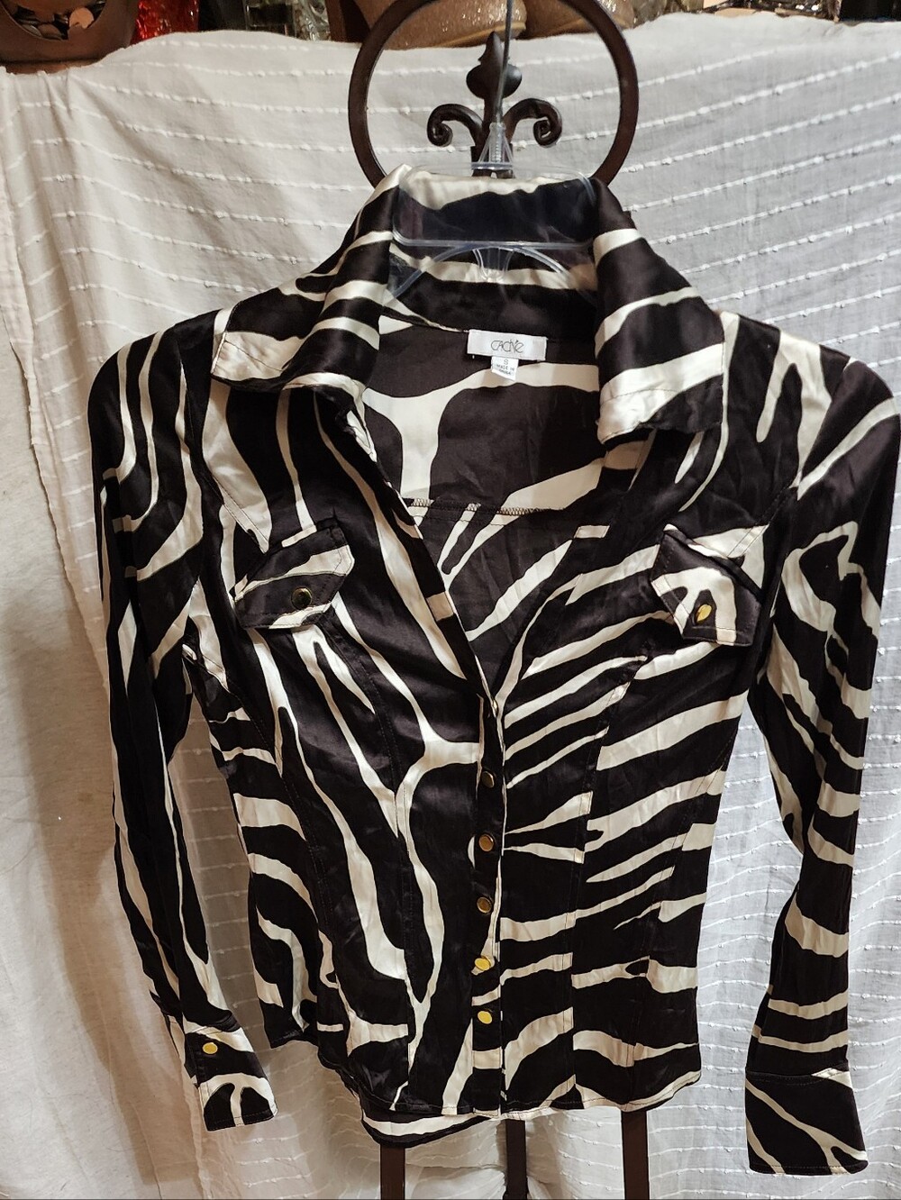 Cache Silk Black and White Zebra-Print Snap-Up Heavy Hardware Shirt Y2k